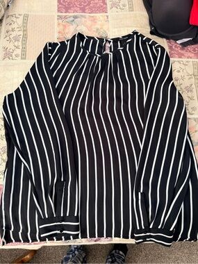 White House Black Market Black and White Vertical Stripe Long-Sleeve Blouse